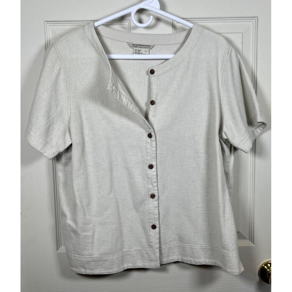 Royal Robbins Womens Large Cream Button-Down Short Sleeve Top 100% Cotton
